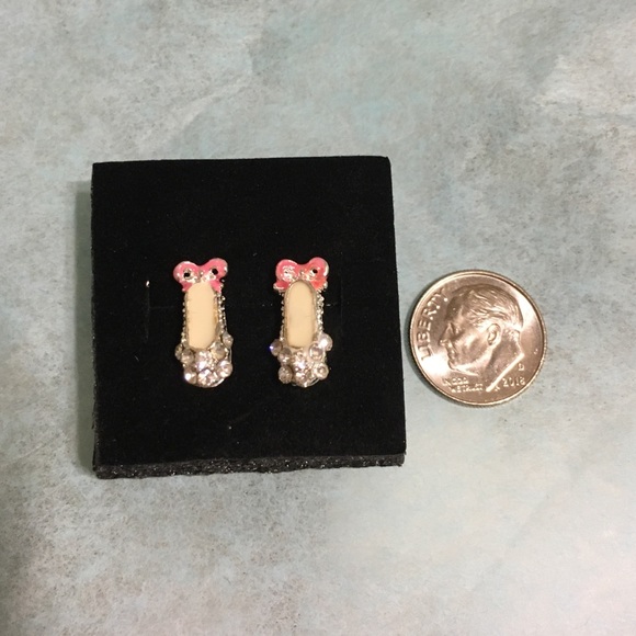 Girls or Adult Ballet Slipper Clear Crystal Rhinestone Pink Bow Enamel Earrings - Picture 5 of 7